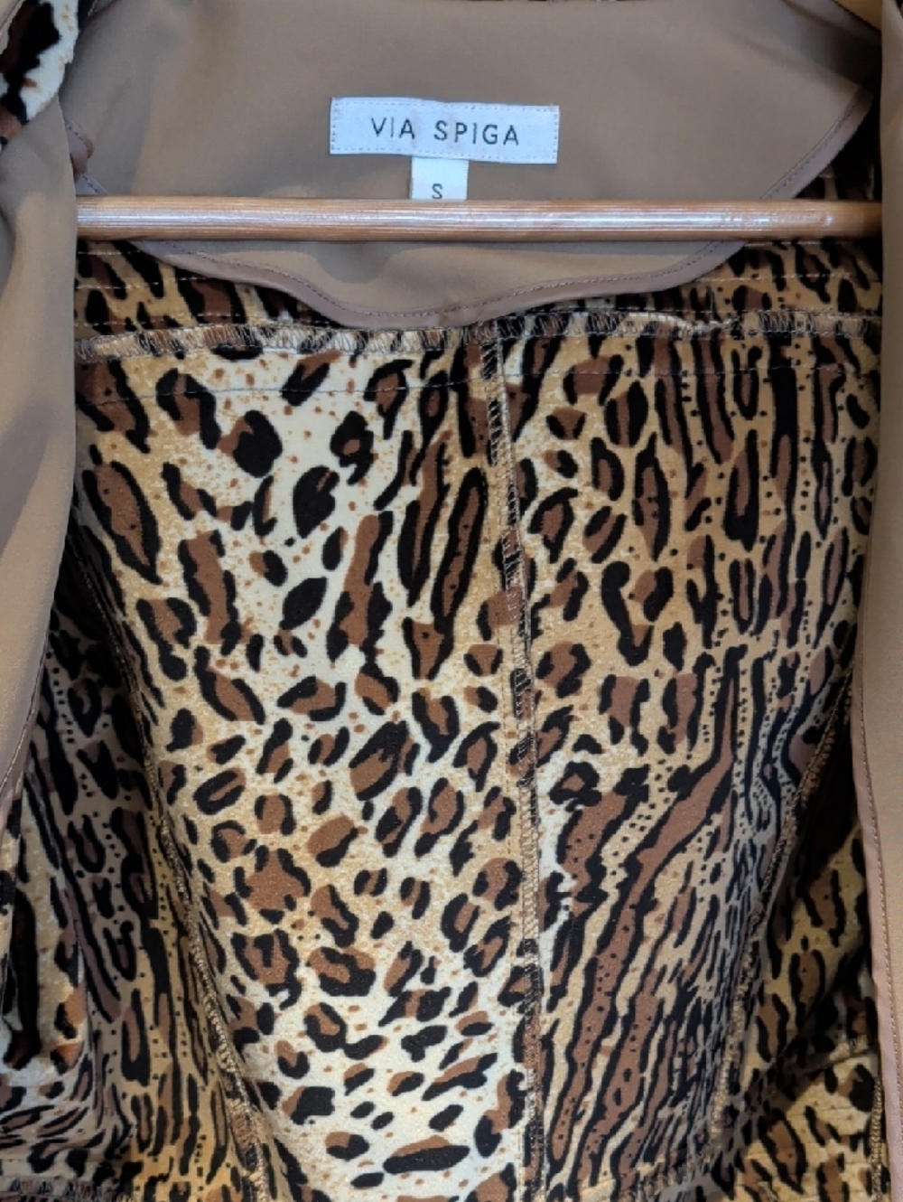 Via Spiga Camel Hooded Trench Coat with Leopard Lining - Picture 5 of 15